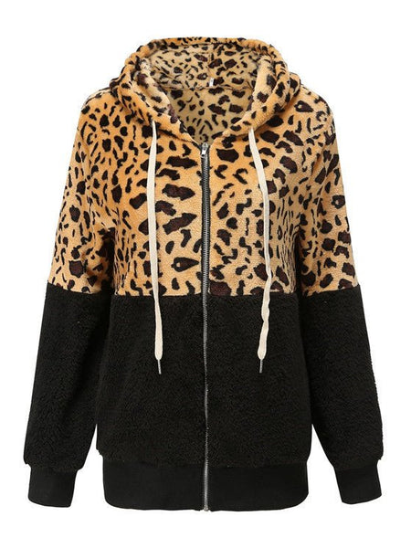 Women's Fashion Casual Leopard Print Stitching Thick Fleece Furry Sweater Hooded Top - Opulent EmpireWomen's Fashion Casual Leopard Print Stitching Thick Fleece Furry Sweater Hooded TopOpulent EmpireClothing