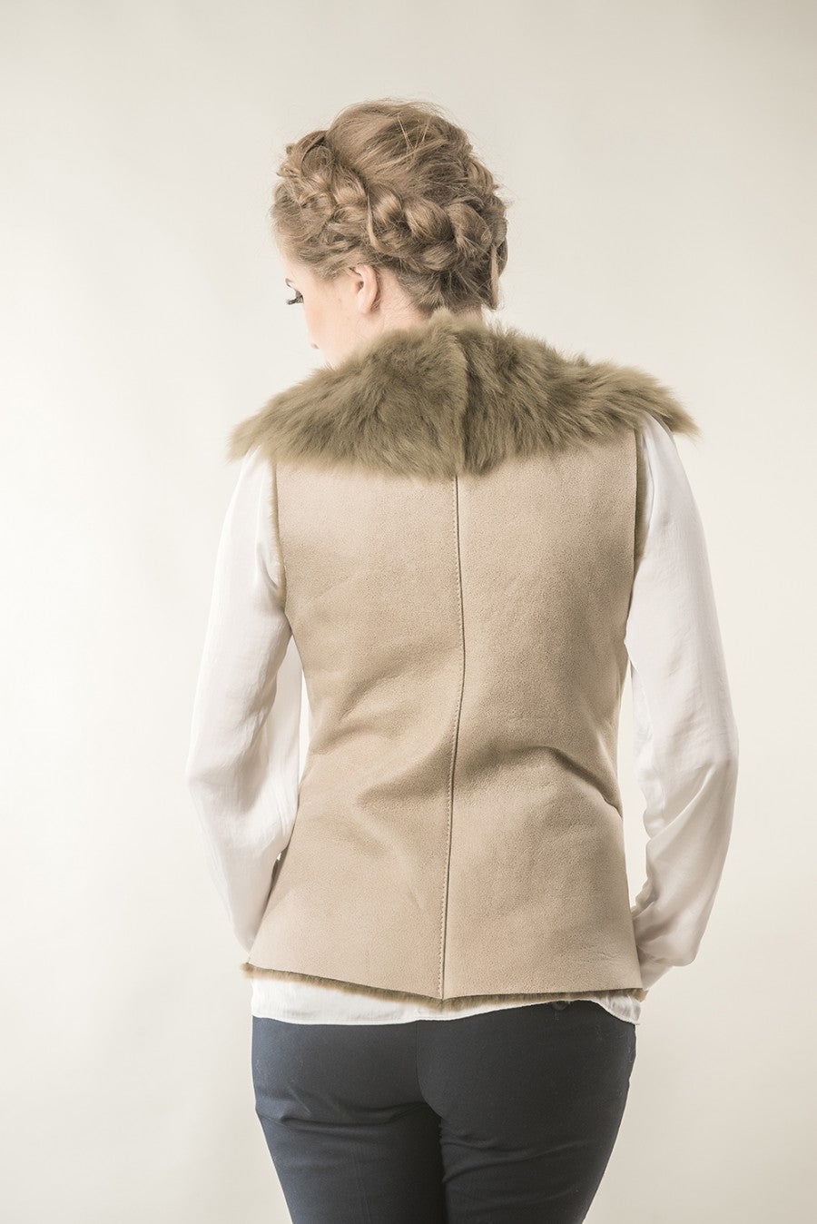 Klara Rivière — Beige Merino Fur Nappa Lamb Leather Vest Beige Women's Coat or Jacket, alternate view 2