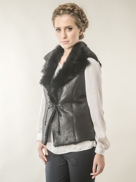 Black Merino Fur Nappa Lamb Leather Vest-2