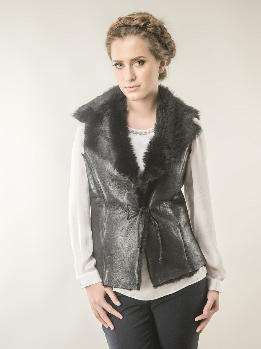 Black Merino Fur Nappa Lamb Leather Vest-0