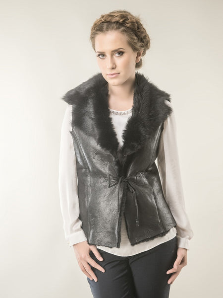 Black Merino Fur Nappa Lamb Leather Vest-0