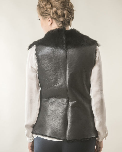 Black Merino Fur Nappa Lamb Leather Vest-1