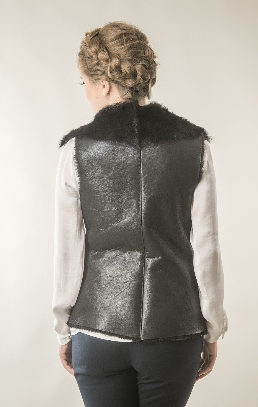 Dahlia Rivière — Black Merino Fur Nappa Lamb Leather Vest Black Women's Coat or Jacket, alternate view 2