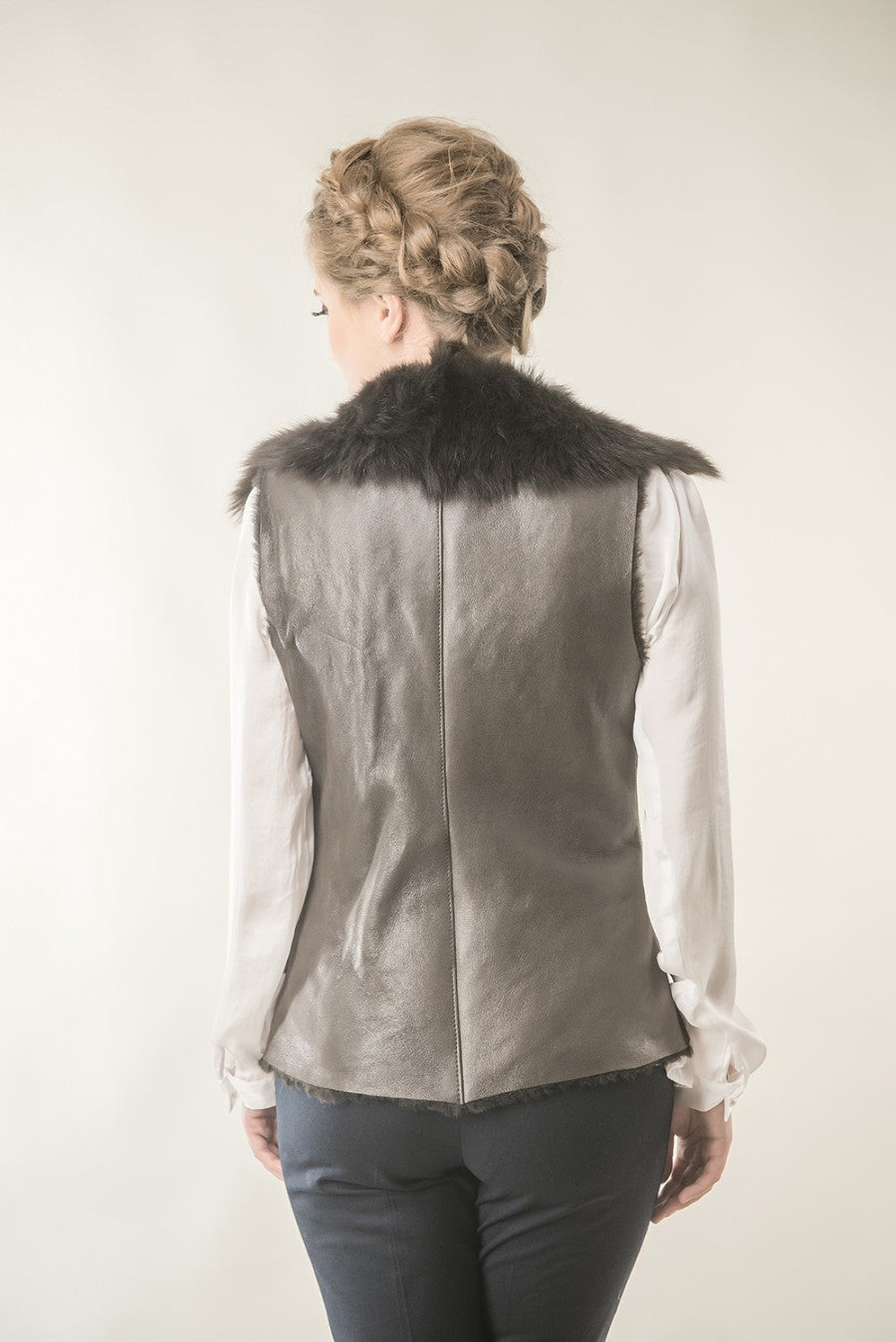 Yasmina Rivière — Brown Merino Fur Nappa Lamb Leather Vest Brown Women's Coat or Jacket, alternate view 2