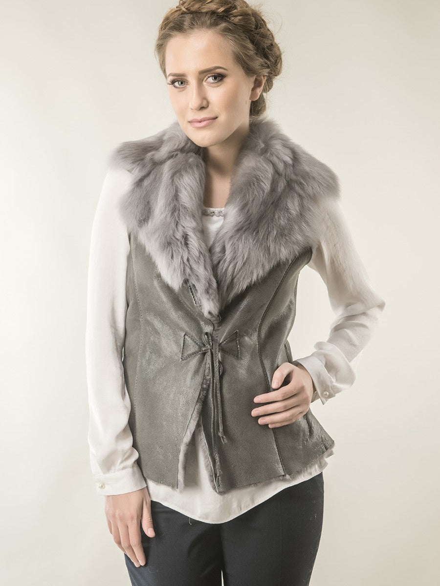 Gray Merino Fur Nappa Lamb Leather Vest-0