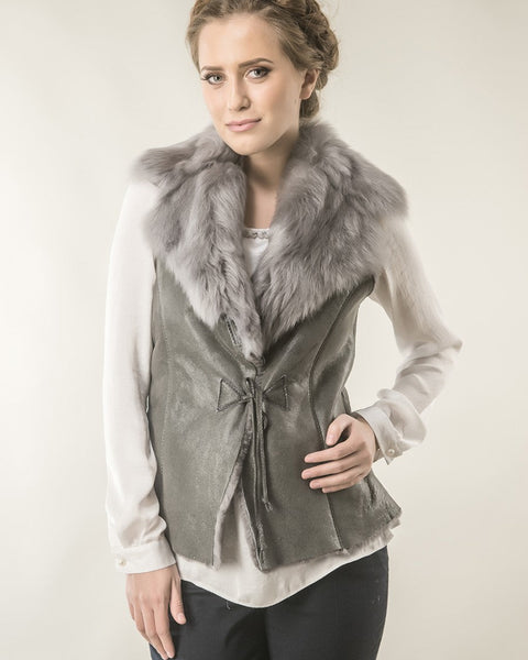 Gray Merino Fur Nappa Lamb Leather Vest-0
