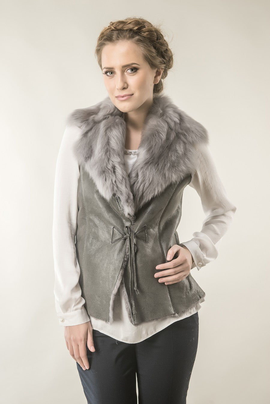 Brigitte Rivière — Gray Merino Fur Nappa Lamb Leather Vest Gray Women's Coat or Jacket