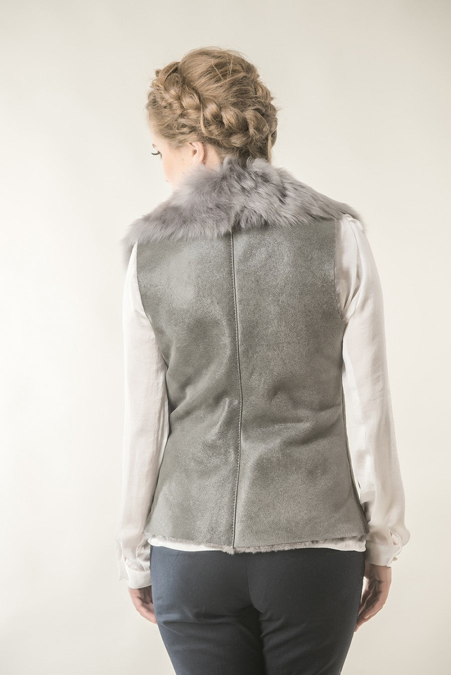 Brigitte Rivière — Gray Merino Fur Nappa Lamb Leather Vest Gray Women's Coat or Jacket, alternate view 2