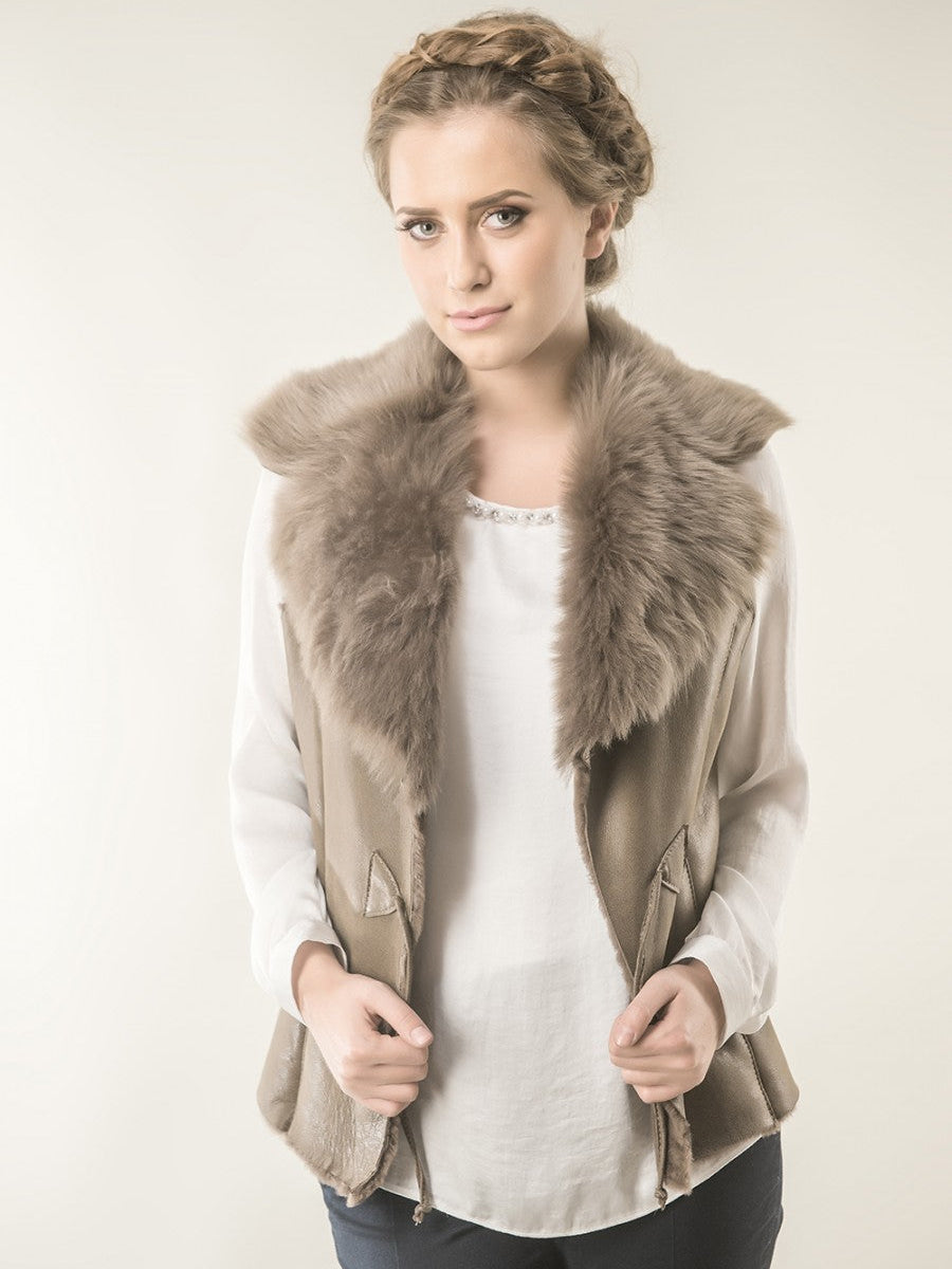 Taupe Merino Fur Nappa Lamb Leather Vest-0