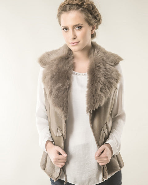 Taupe Merino Fur Nappa Lamb Leather Vest-0