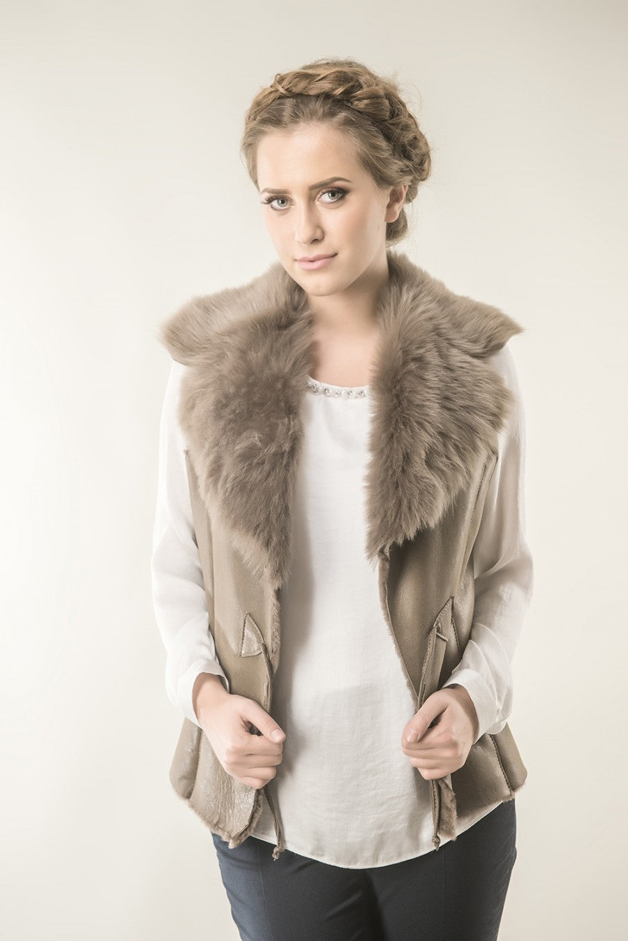 Inès Rivière — Taupe Merino Fur Nappa Lamb Leather Vest Taupe Women's Coat or Jacket