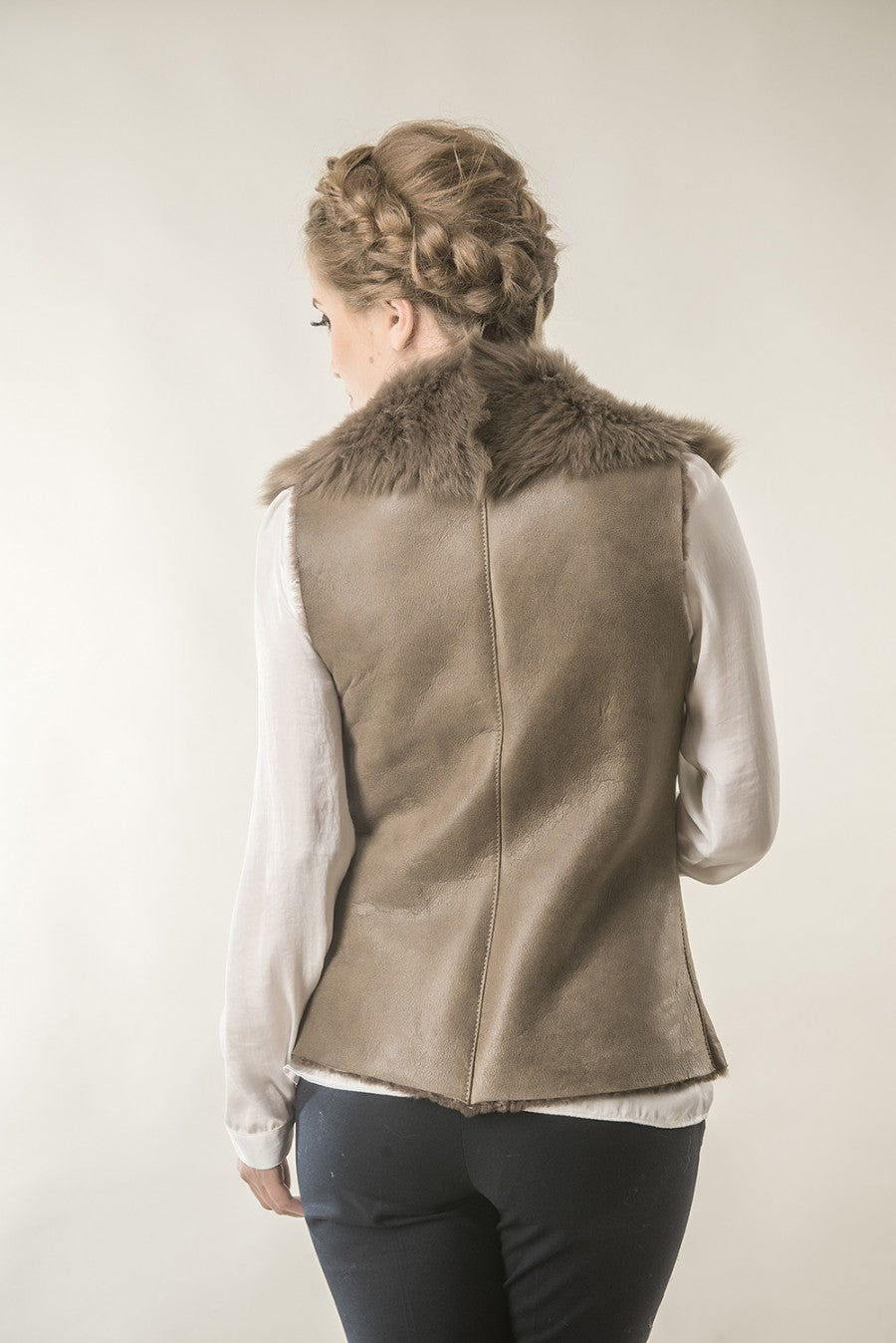 Inès Rivière — Taupe Merino Fur Nappa Lamb Leather Vest Taupe Women's Coat or Jacket, alternate view 2