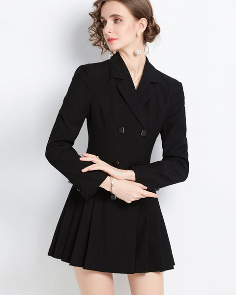 Women's long-sleeved suit collar double-breasted jacket dress