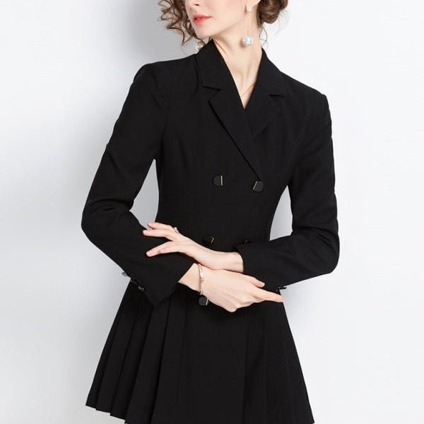 Women's long-sleeved suit collar double-breasted jacket dress