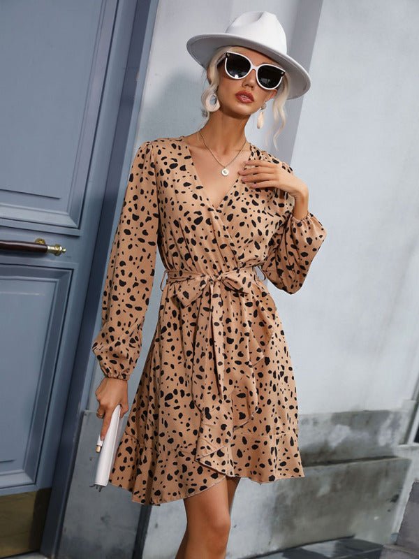 Women's long-sleeved v-neck lace-up leopard print bottoming dress