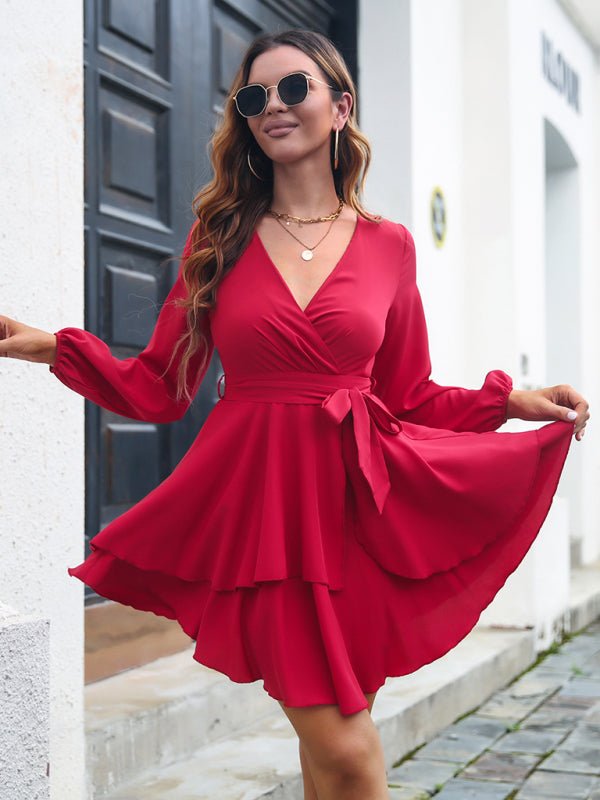 Women's multilayer hem V-neck lace up long sleeved dress - Opulent EmpireWomen's multilayer hem V-neck lace up long sleeved dressOpulent Empire