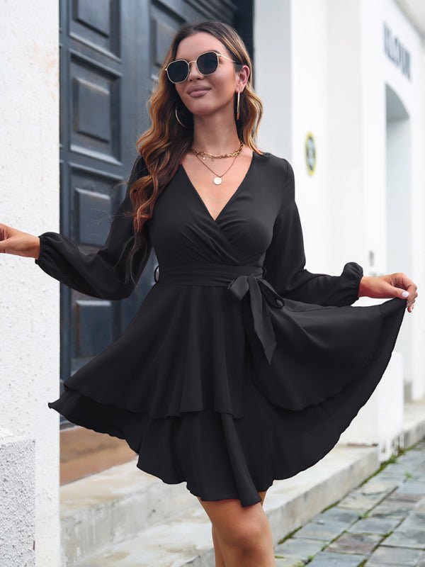 Women's multilayer hem V-neck lace up long sleeved dress - Opulent EmpireWomen's multilayer hem V-neck lace up long sleeved dressOpulent Empire