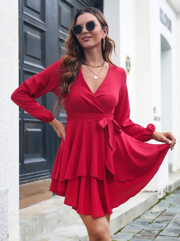 Women's multilayer hem V-neck lace up long sleeved dress - Opulent EmpireWomen's multilayer hem V-neck lace up long sleeved dressOpulent Empire