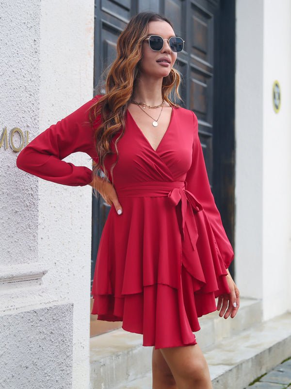 Women's multilayer hem V-neck lace up long sleeved dress - Opulent EmpireWomen's multilayer hem V-neck lace up long sleeved dressOpulent Empire