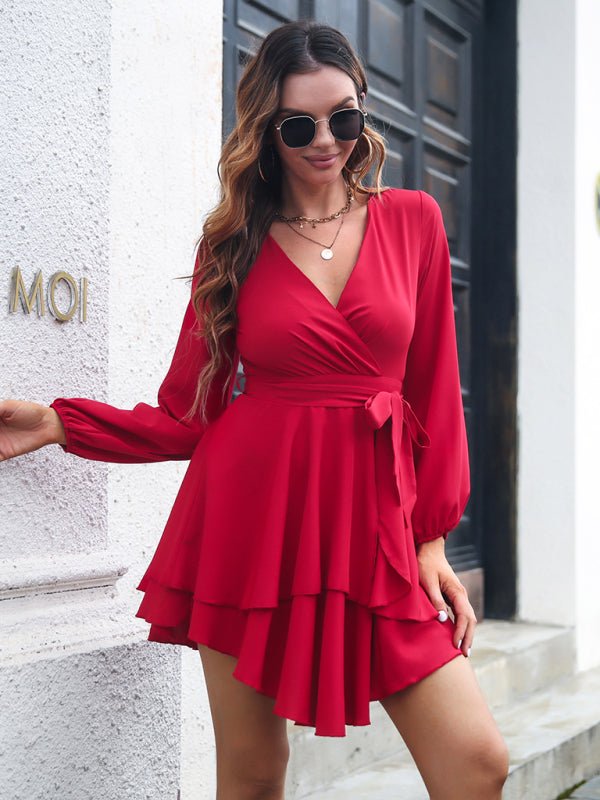 Women's multilayer hem V-neck lace up long sleeved dress - Opulent EmpireWomen's multilayer hem V-neck lace up long sleeved dressOpulent Empire