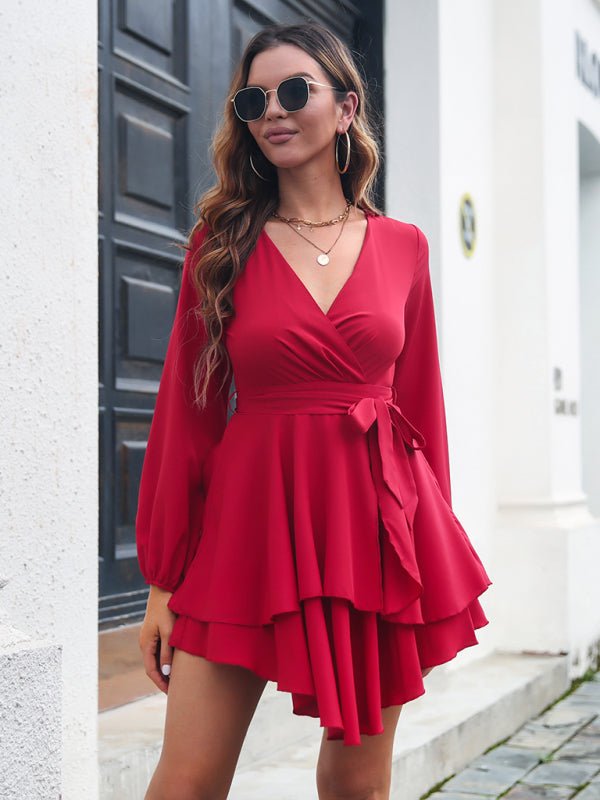 Women's multilayer hem V-neck lace up long sleeved dress - Opulent EmpireWomen's multilayer hem V-neck lace up long sleeved dressOpulent Empire