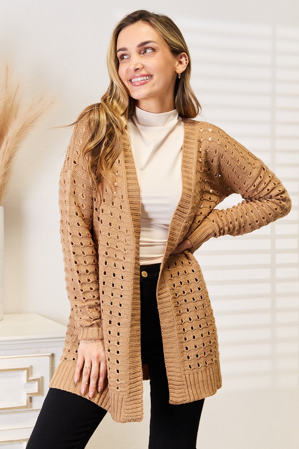 Woven Right Openwork Horizontal Ribbing Open Front Cardigan - Opulent EmpireWoven Right Openwork Horizontal Ribbing Open Front CardiganOpulent Empire