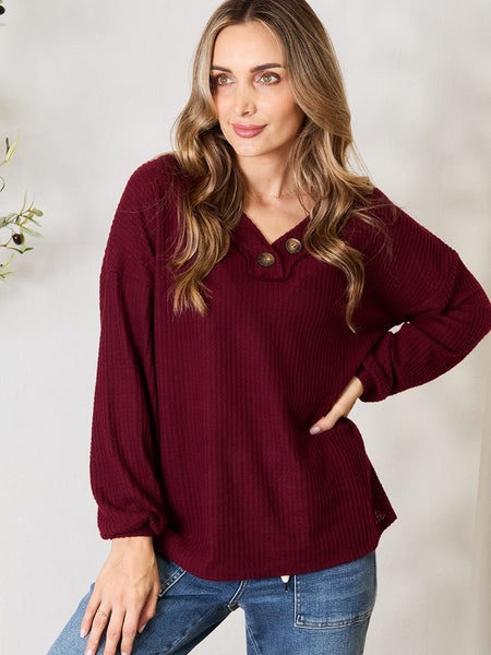 Zenana Buttoned V-Neck Long Sleeve Blouse - Opulent EmpireZenana Buttoned V-Neck Long Sleeve BlouseOpulent Empire